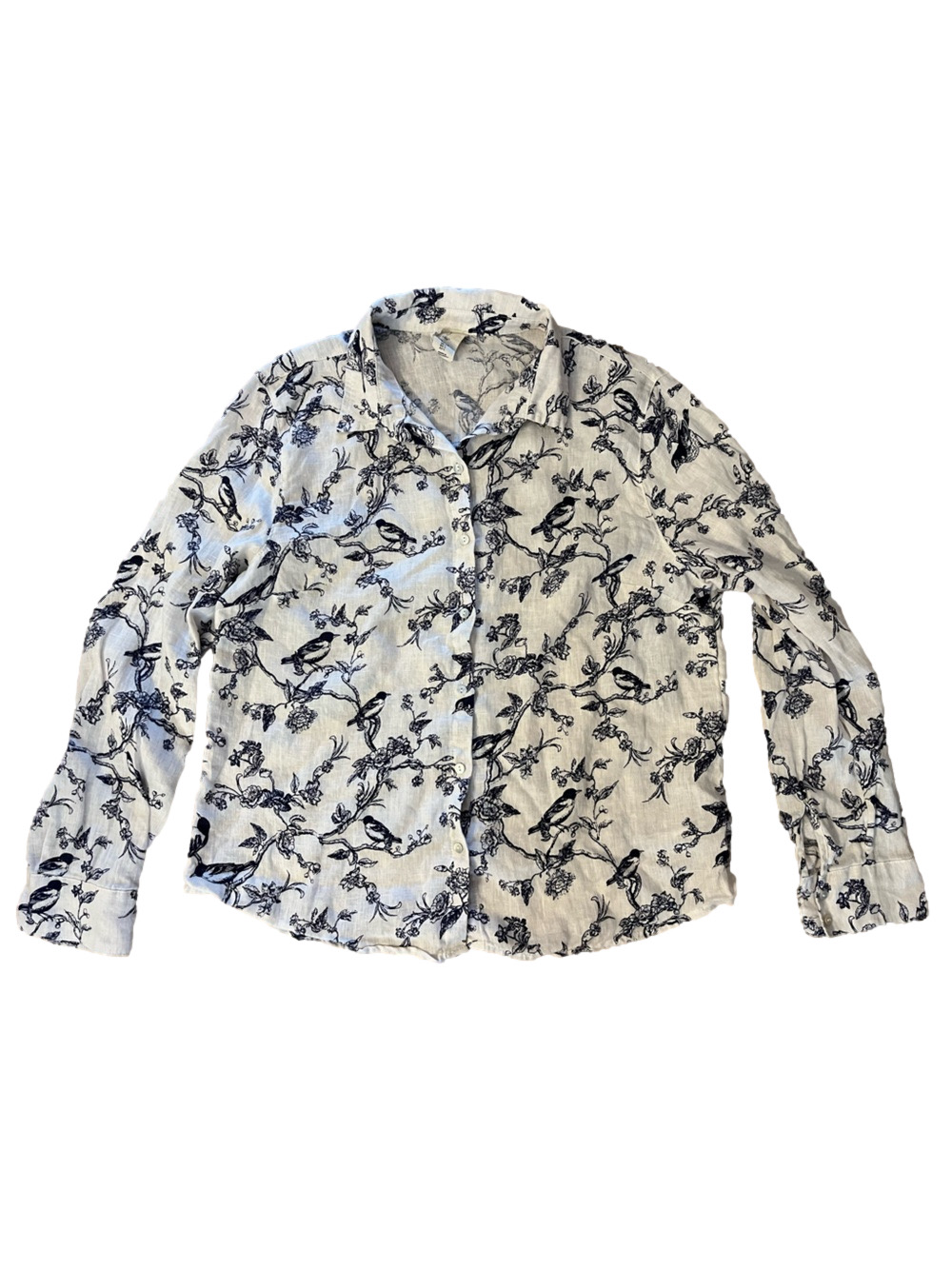Joie 100% Linen Bird & Floral Print Button-Front Shirt White Navy
